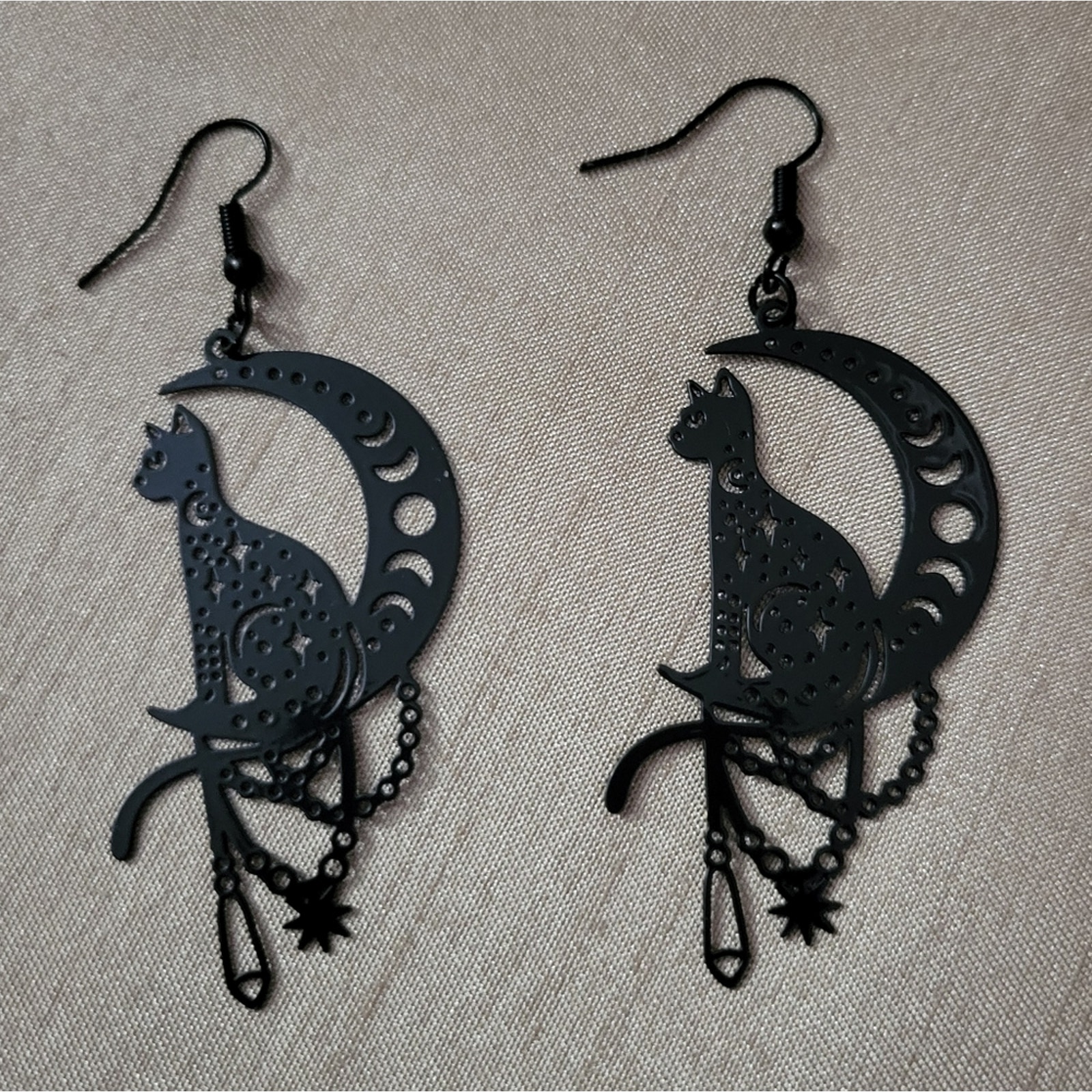 Black Cat Sitting On The Moon Witchy Gothic Earrings